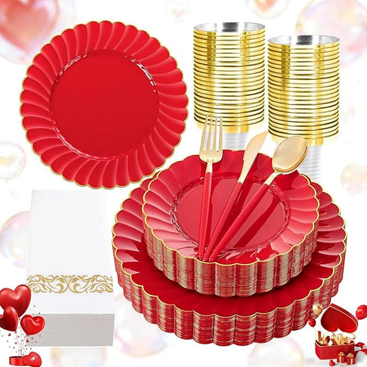 Ciaell 175 PCS Red Scalloped Plastic Plates with Gold Trim - Red Plastic Silverware with Handle - Fancy High-End Dinnerware Sets for Wedding & Valentine's Day & Party
