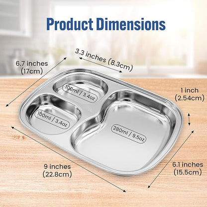 Korean Stainless Steel Divided Plates for Toddlers, Kids, Babies, Premium 304, Electro-Polished, No Black Residue, BPA-Free, 3-Compartment Plate, Food Tray for Camping, Balanced Meals, Set of 2