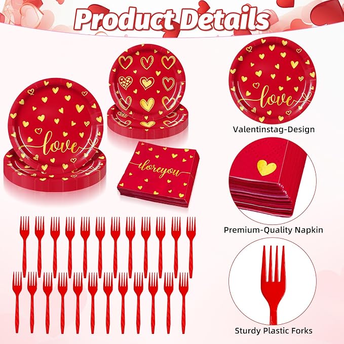96 Pieces Valentine’s Day Love Tableware Set – Red and Gold Heart Disposable - Image 3