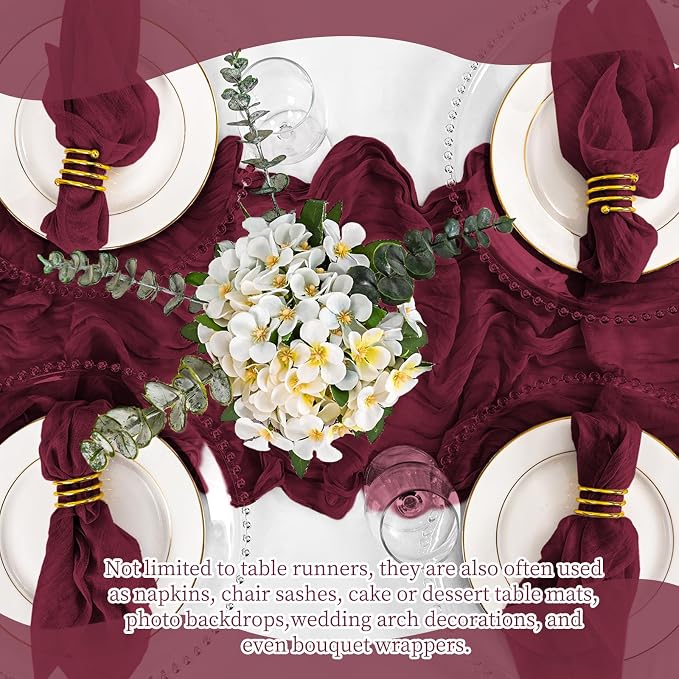 4 Pack Burgundy Table Runner 17 x 108inch Cheesecloth Table Runner Boho Gauze - Image 7