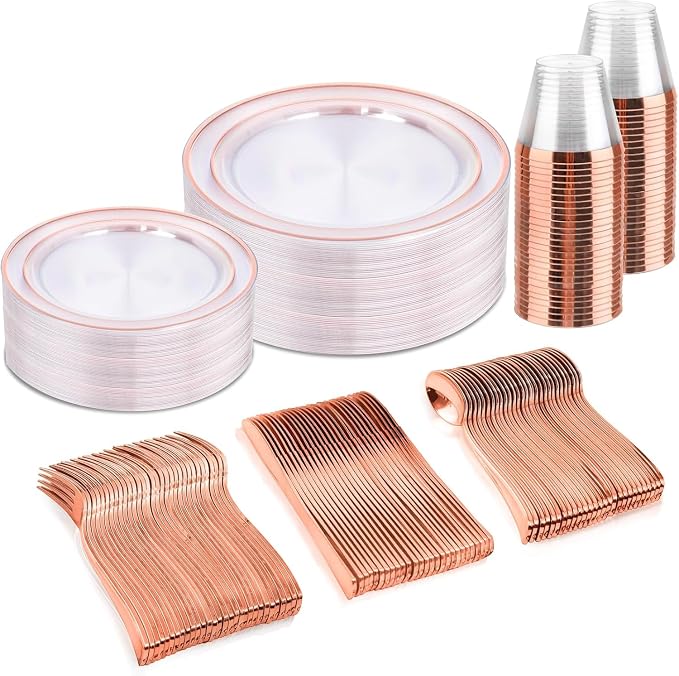 bUCLA 150PCS Clear Rose Gold Disposable Dinnerware set by BUCLA