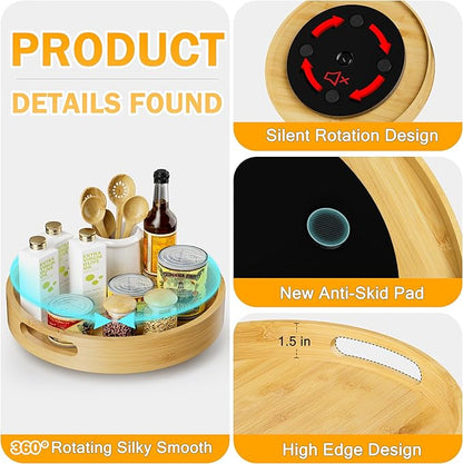 Lazy Susan Organizer Homerays 13 Inch Non-Skid Bamboo Lazy Susan for Kitchen Rotating Spice Rack with Handles, Wood Turntable for Kitchen Cabinet,Countertop (Bamboo, Large)