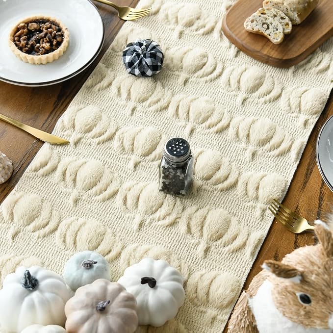 Artoid Mode Beige Soft Faux Fur Pumpkins Fall Table Runner 13x120 Inch | - Image 4
