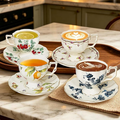 Tea Cups and Saucers Set, Porcelain Coffee Mugs, 8.4 OZ Vintage Coffee Cups - Image 4