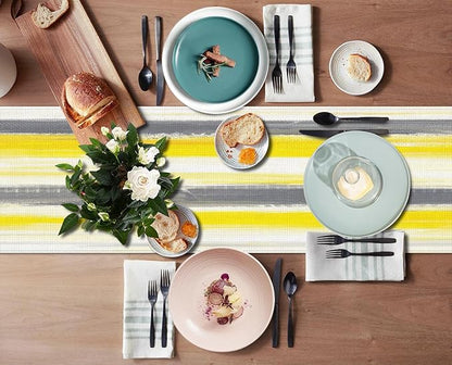 Emvency Table Runner, 13x72 Inch, Abstract Striped Modern | Yellow Grey Dining - Image 3