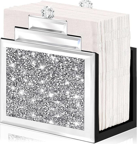 Wocred Mirror Napkin Holder,Crystal Crushed Diamond Vertical Holder,Cute Tissue Holder Holds Napkins Upright for Bathroom，Dining Table，Kitchen Table.(6.8”X5.9”X3”)