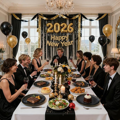 KIRE 200Pcs Black Plastic Plates - Black and Gold Plates Disposable for Party - Include 100 for Dinner and 100 for Dessert for Birthday/Wedding/New Year