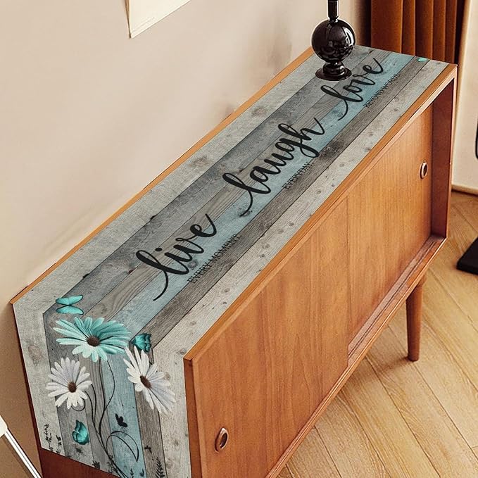 Daisy Floral Table Runner, Rustic Wild Flowers Wooden Boho Spring Butterfly - Image 2