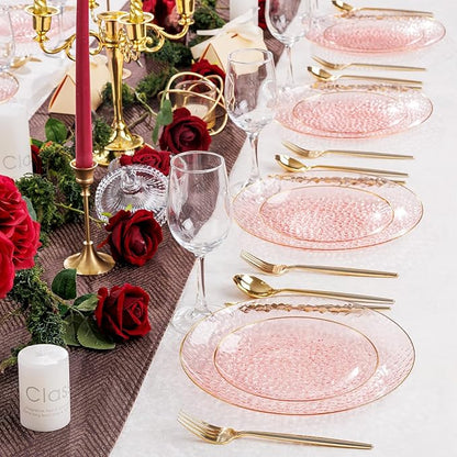 Rubtlamp 60 Pcs Pink Gold Plastic Plates, Gold Hammered Disposable Salad Plates, 7 Inch Disposable Dessert Platos, Plastic Dessert Appetizer Platos Perfect for Mother's Day