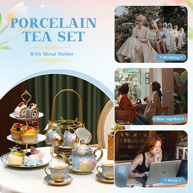 21 Pcs Ceramic Teapot Set Vintage Porcelain Tea Cups - Image 7