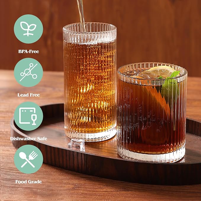 Moretoes Ribbed Drinking Glasses Set of 12, Water Glass Cups | Mixed Glassware - Image 4