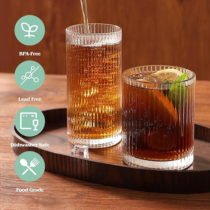 Moretoes Ribbed Drinking Glasses Set of 12, Water Glass Cups | Mixed Glassware - Image 4