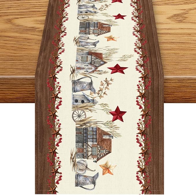 Farmhouse Texas Table Runner, Rustic Western Barn Texas Star Berries Brown by Unknown