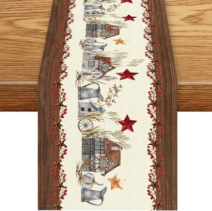 Farmhouse Texas Table Runner, Rustic Western Barn Texas Star Berries Brown by Unknown