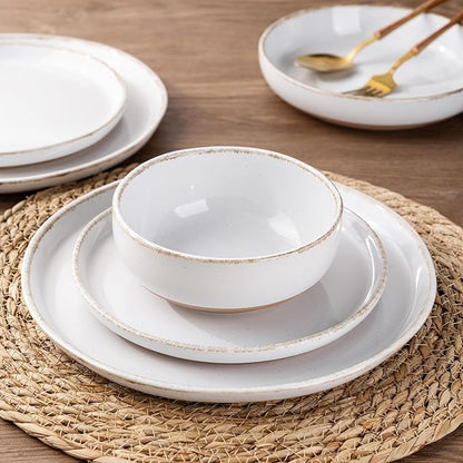 AmorArc 24 Pieces Ceramic Dinnerware Sets for 8, Handpainted Stoneware Plates and Bowls Set with Rustic Terracotta Underside, Scratch Resistant Dishes Set, Dishwasher & Microwave Safe, White