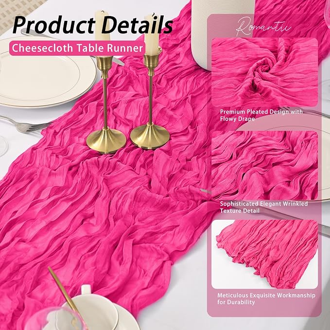8 Pack Hot Pink Cheesecloth Table Runner 17x108 inch Rustic Gauze Table Runner - Image 4