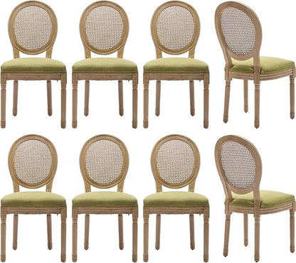 Vintage French Rattan Dining Chairs Set of 8, Round Back Accent Chairs with Rattan Backrest and Upholstered Linen Seat, Solid Frame Wood Sillas de Comedor for Dining Room & Kitchen, Olive Green