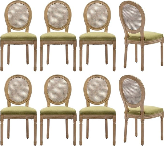 Vintage French Rattan Dining Chairs Set of 8, Round Back Accent Chairs with Rattan Backrest and Upholstered Linen Seat, Solid Frame Wood Sillas de Comedor for Dining Room & Kitchen, Olive Green