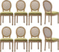 Vintage French Rattan Dining Chairs Set of 8, Round Back Accent Chairs with Rattan Backrest and Upholstered Linen Seat, Solid Frame Wood Sillas de Comedor for Dining Room & Kitchen, Olive Green