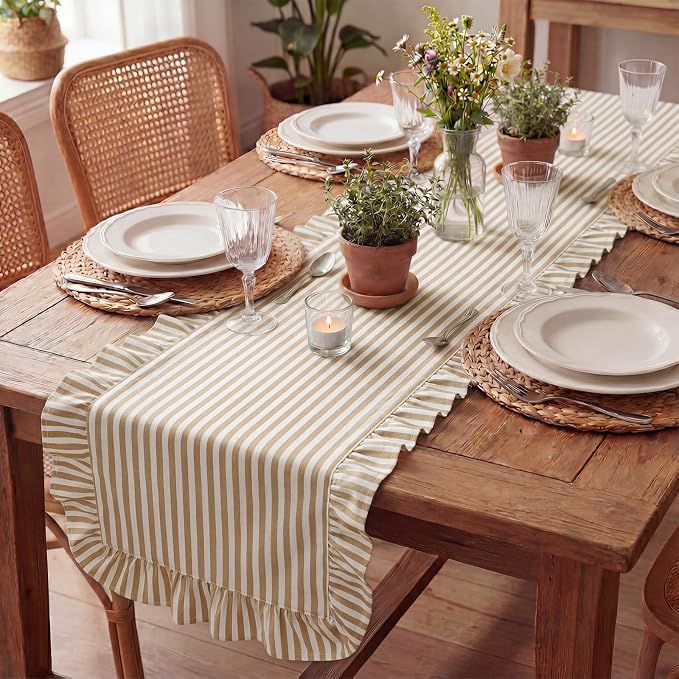 HunnmingRe Ruffle Trim Boho Table Runner Farmhouse Rustic Stripes Scalloped - Image 9