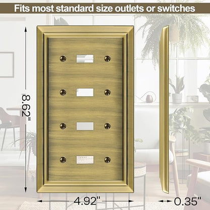 Metal Wall Plate for Electrical Outlets, Decorative Antique Brass Switch Plates Outlet Cover, Light Switch Cover Plate, 4-Gang Wall Plates (Quad Toggle, 1 Pack)