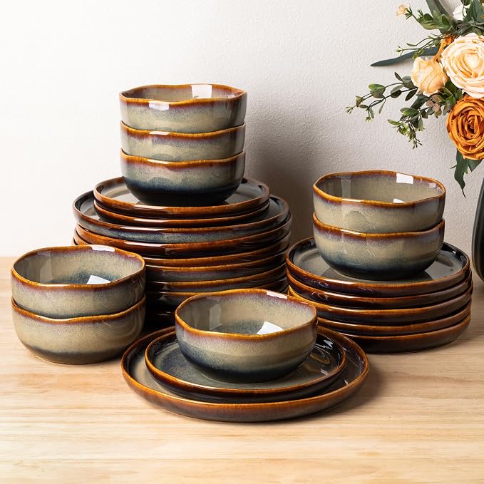 Ceramic Dinnerware Set for 8, 24-Piece Plates and Bowls Set | Handmade Reactive by TheTerra