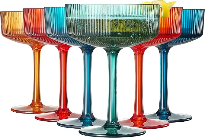 Khen Retro Acrylic Ribbed Glasses, 10oz Multicolor Shatterproof Stemware Coupe by Khen