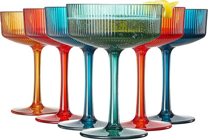 Khen Retro Acrylic Ribbed Glasses, 10oz Multicolor Shatterproof Stemware Coupe by Khen