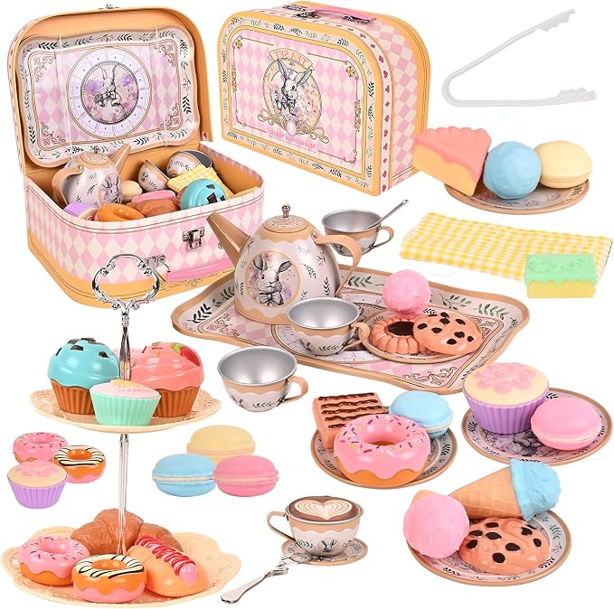 Tea Party Set for Girl, Tea Time Toys Including Tea Set Dessert Carrying Case by Viwulute