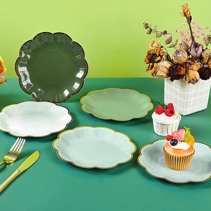 Sage Green Party Plates Gradient Green Dessert Paper Plates 7inch Gold Foil Scalloped Edge Disposable Cake Plates for Birthday Bridal Baby Shower Wedding Party Supplies (24)