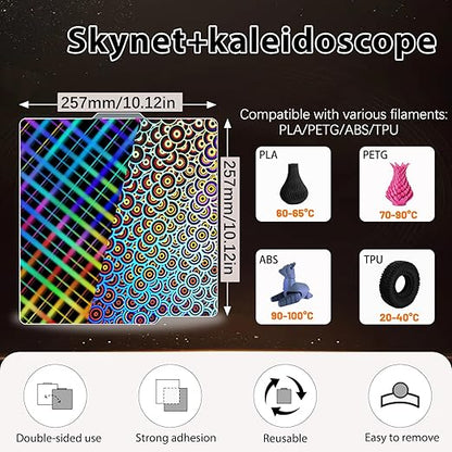 New Upgraded H1H Build Plate for Bambu Lab A1/X1C/X1/X1E/P1P/P1S/P2S 3D Printer, Smooth Kaleidoscope+Smooth Skynet Spring Steel Plate Flexible Plate 257x257mm for Bambu 3D Printers