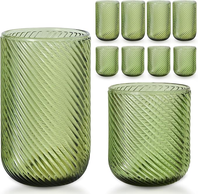 Set of 8 Ribbed Glassware, 4 Highball Glasses 14oz & 4 Rocks Drinking Glasses by WeirdUncle