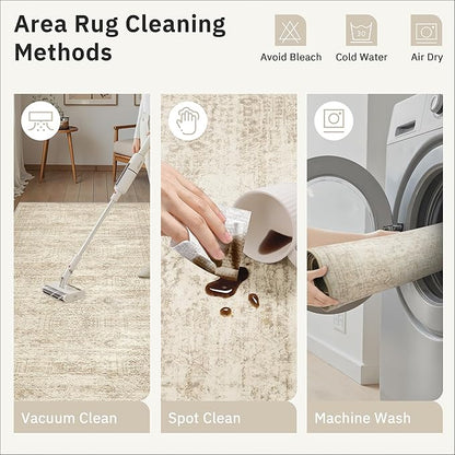 Washable Runner Rug, 2'6" x 8' Non-Slip Kitchen Vintage Foldable Hallway Runners for Entryway, Laundry, Bedroom, Beige