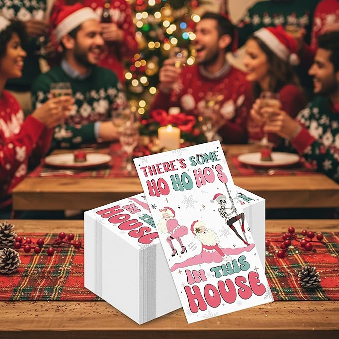Theres Some Ho Ho Hos in This House Napkins - 100 Pcs Pink Friendmas Christmas Party Decorations Funny Santa Cocktail Disposable Paper Dinner Holiday Table Party Supplies Decor for Adults