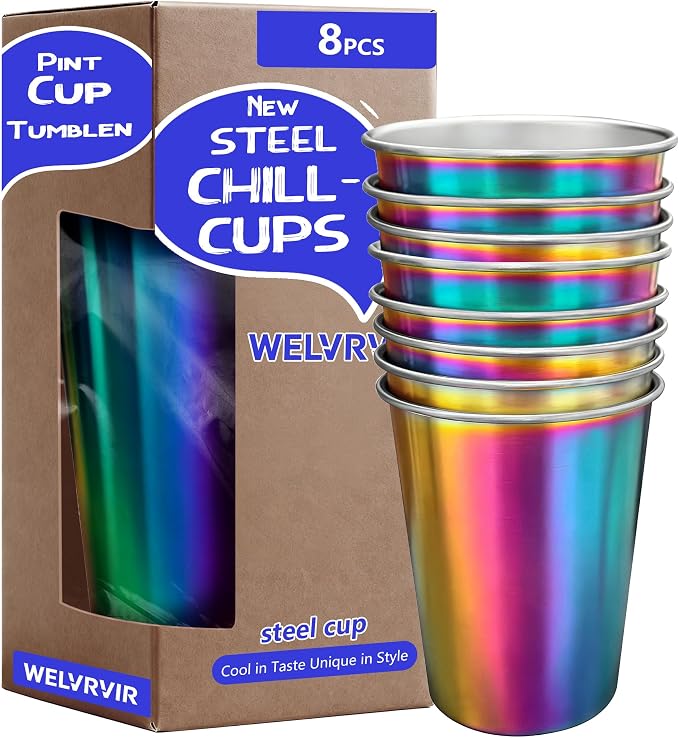 20oz 8PCS Stainless Steel Pint Cups, Reusable metal Cups, Drinking | Pint by Unknown