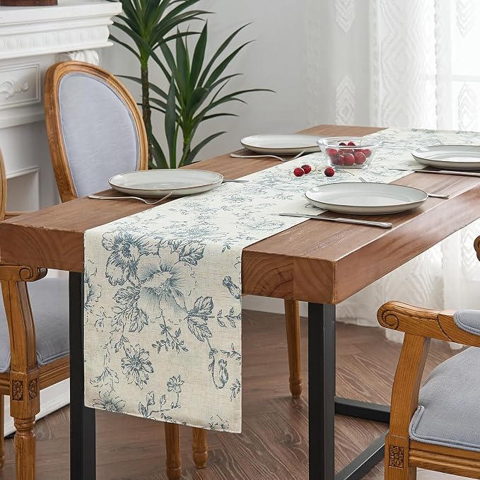 jinchan Blue Floral Linen Table Runner 13 x 90 Inch Farmhouse | Decorative - Image 2