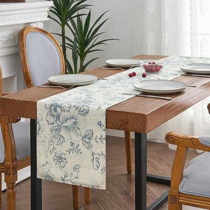 jinchan Blue Floral Linen Table Runner 13 x 90 Inch Farmhouse | Decorative - Image 2