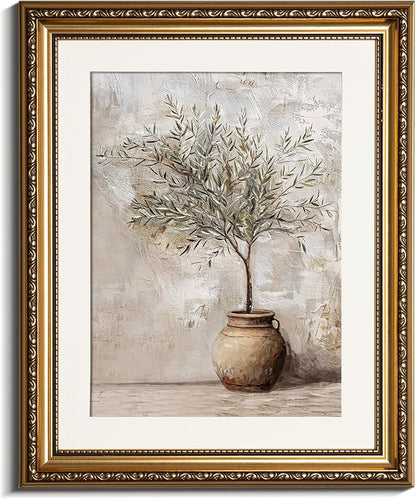 InSimSea Gold Picture Framed Wall Art, Living Room Vintage Olive Tree in Vessel Wall Decor, Still Life Botanical Canvas Print Art, Home Farmhouse Decor, Antique Paintings with Frame 13x16inch