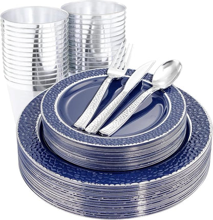 Ciaell 150 PCS Blue and Silver Plastic Plates - Blue Disposable Plate include 50 Plates, 25 Knives, 25 Forks, 25 Spoons, 25 Cups for Weddings & Party