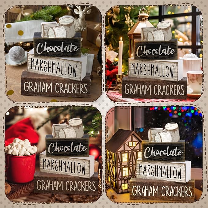 Moucuny 4 Pcs Christmas Table Decoration Wooden Marshmallow Chocolate Christmas - Image 4