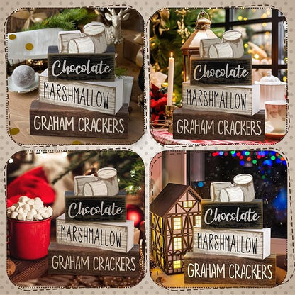Moucuny 4 Pcs Christmas Table Decoration Wooden Marshmallow Chocolate Christmas - Image 4