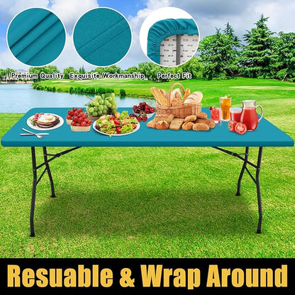 Smiry Rectangle Picnic Table Cloth, Waterproof Elastic Fitted Tablecloths for 8 Foot Tables, Washable Polyester Table Cover for Camping, Indoor and Outdoor (Teal, 30"x96")