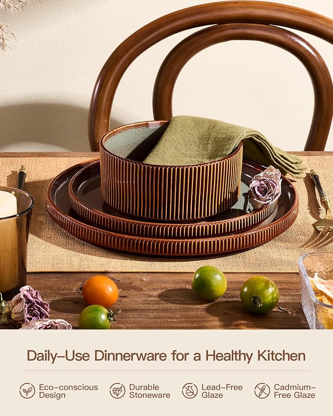 Ceramic Plates & Bowls Sets for 6, Handmade Reactive Glaze | Green Brown - Image 5