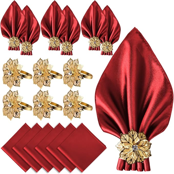 12 Pack Gold Napkin Rings and Cloth Napkins Set of 6, 17x17 Satin Cocktail by CROWNGUIDE