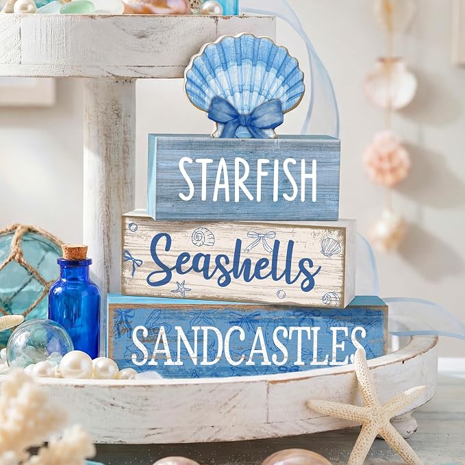 Moucuny 4 Pcs Nautical Beach Decor Shell Tiered Tray Decoration Blue Bow Table - Image 2