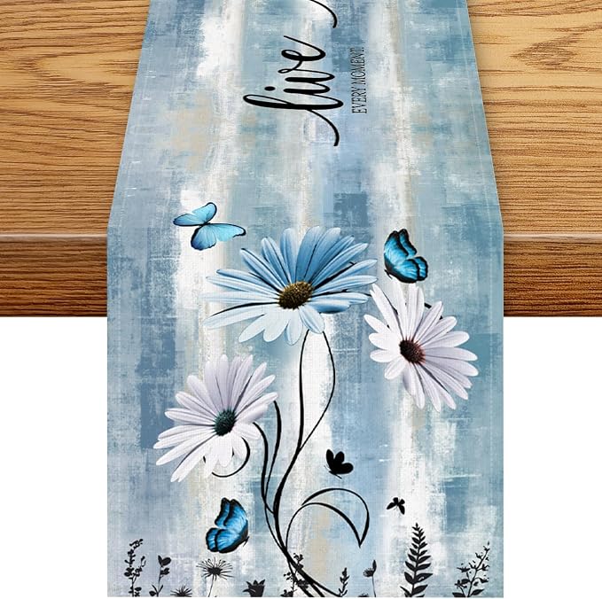 Blue Daisy Floral Table Runner, Spring Summer Floral Flower Boho Butterfly by Unknown