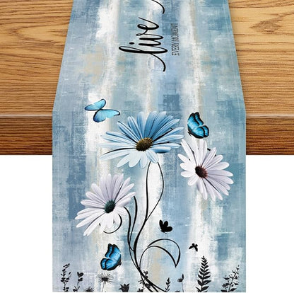 Blue Daisy Floral Table Runner, Spring Summer Floral Flower Boho Butterfly by Unknown