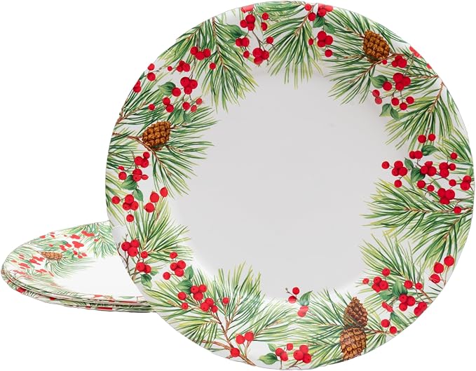 Caspari Evergreen And Berries White Paper Dinner Plates - Image 3