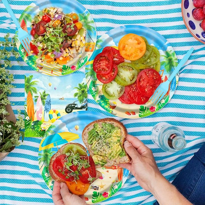 96 Pieces Summer Beach Plates and Napkins Set, Tropical Disposable Tableware - Image 4