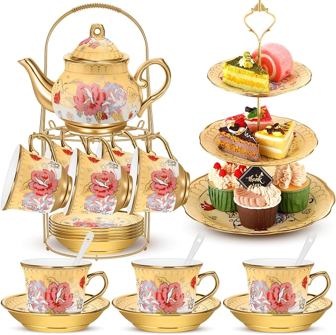 21 Pcs Ceramic Teapot Set Vintage Porcelain Tea Cups by Suttmin